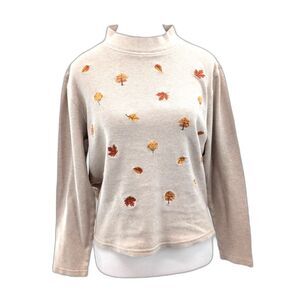 Studio Works Vintage Fall Leaf Beige Pullover Mock Neck Sweater Size Medium